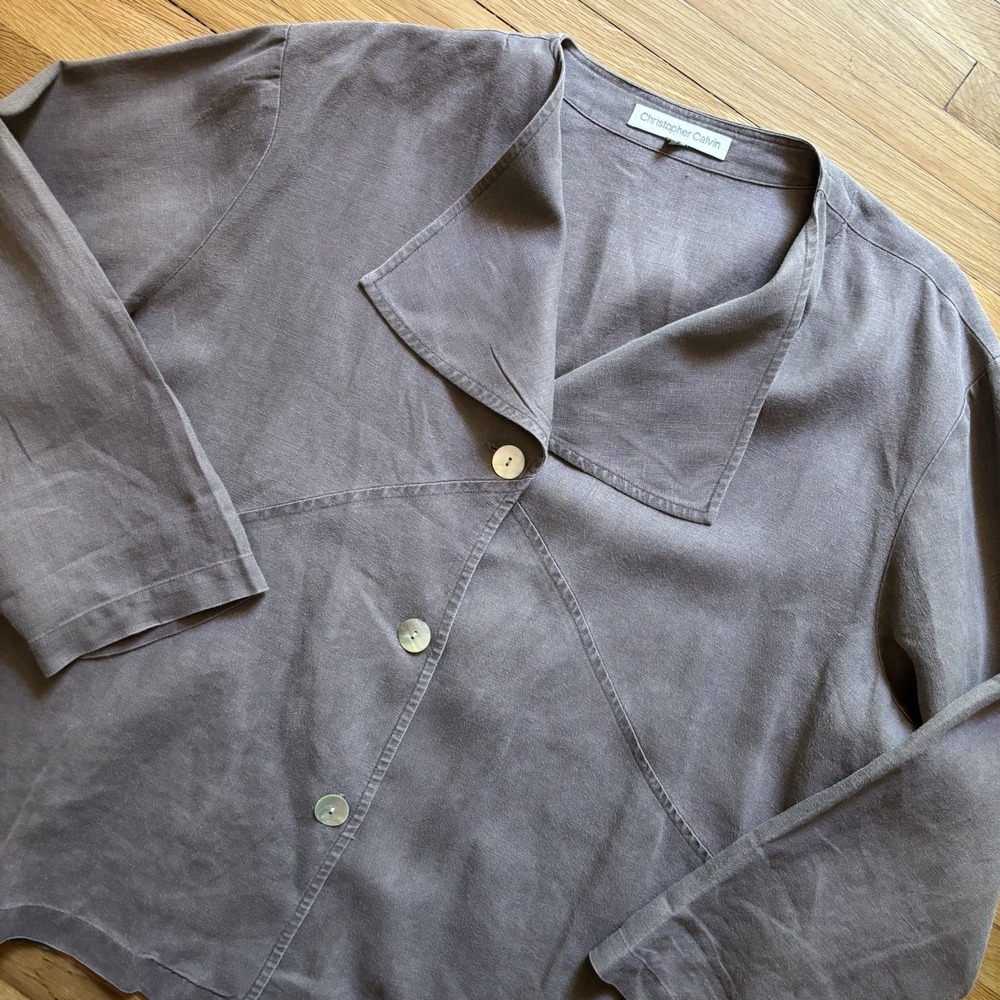 VTG 100% Linen Lightweight Jacket Womens 1x Gray Beige Lagenlook Draped Minimal